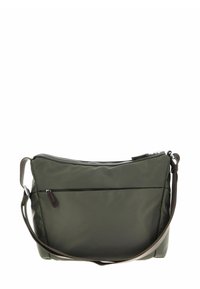 Borsa a spalla in nylon verde oliva con chiusura a zip superiore, tracolla regolabile e una tasca frontale con zip, caratterizzata da una texture liscia.