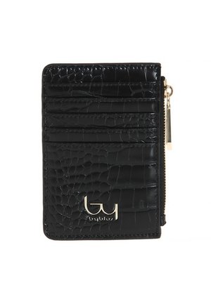Portacarte in pelle nera con texture effetto coccodrillo, dotato di cerniera dorata e logo "byblos" dorato sulla parte anteriore.