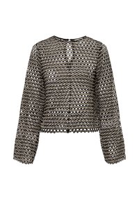 Zwart en beige cropped blouse met een golfpatroon, open mesh ontwerp, lange mouwen en een ronde halslijn, met een knoopsluiting aan de voorkant.