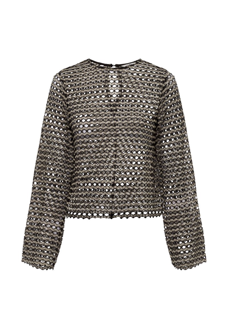 Zwart en beige cropped blouse met een golfpatroon, open mesh ontwerp, lange mouwen en een ronde halslijn, met een knoopsluiting aan de voorkant.
