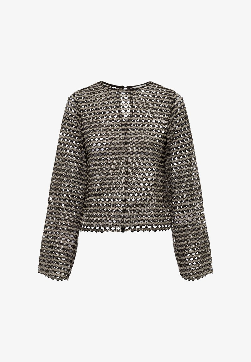 Zwart en beige cropped blouse met een golfpatroon, open mesh ontwerp, lange mouwen en een ronde halslijn, met een knoopsluiting aan de voorkant.