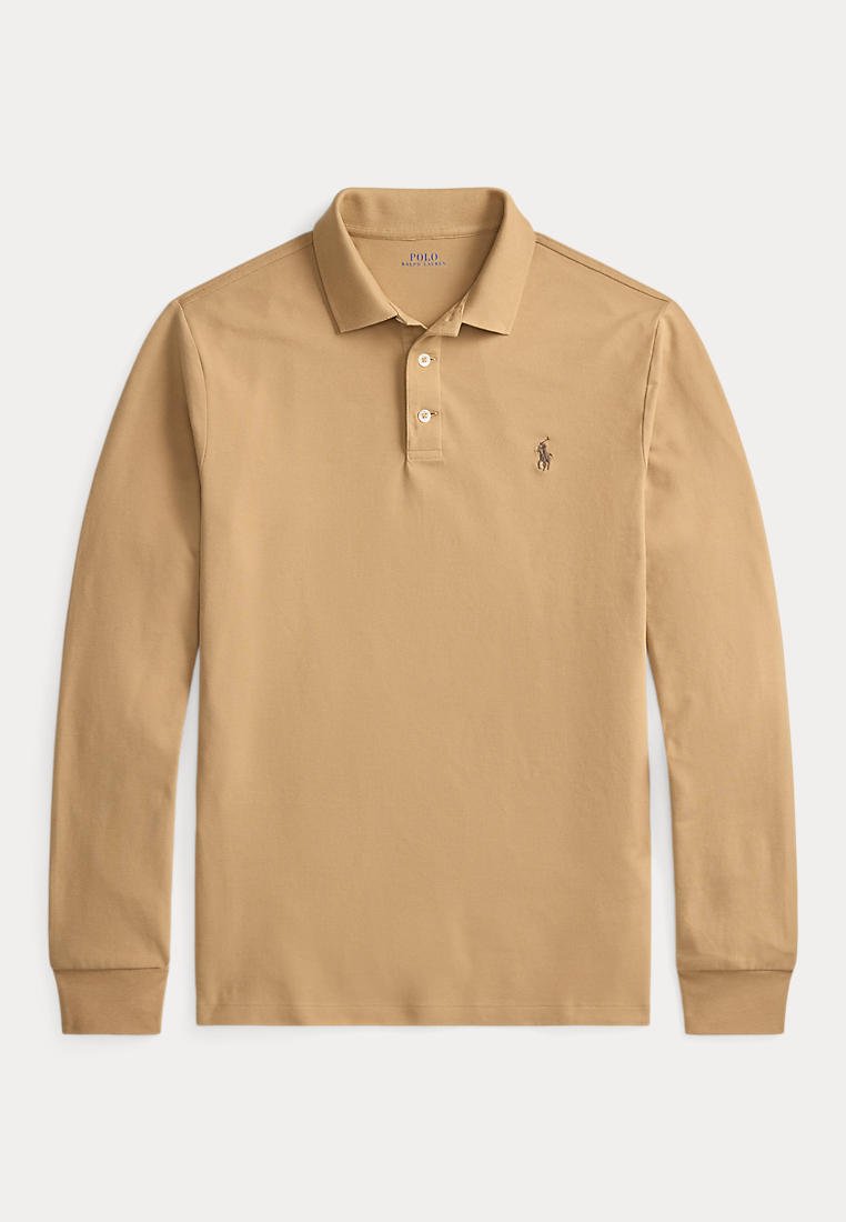Beige long-sleeve polo shirt with collar, two buttons, and small embroidered logo on left chest, laid flat on white background.