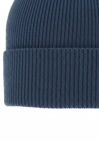 Dark navy blue beanie hat made of ribbed knit fabric. Features a rolled hem and soft texture, suitable for cold weather wear.