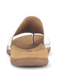 White sandal with a toe loop, soft brown footbed, and a textured sole. Lightweight design with minimal hardware and a simple finish.