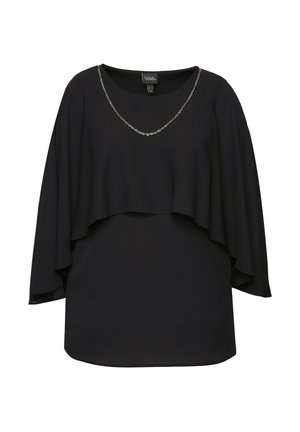 Blouse noire avec un design en couches, dotée d'un décolleté bateau ornée d'une chaîne en argent. Fabriquée à partir d'un tissu doux et fluide.