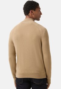 Beiger Pullover mit hohem Kragen, gerippten Bündchen und Saum sowie weicher Textur, von hinten an einem Modell vor hellem Hintergrund gezeigt.