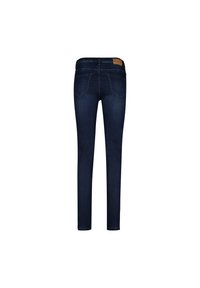 Mørkeblå denim skinny jeans med en glat tekstur, der har et klassisk fem-lomme design og en læderlap på bagsiden af taljebåndet.