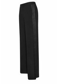 Pantalons larges noirs avec une bande latérale en satin lisse, dotés d'une coupe décontractée et d'une taille élastique pour le confort.
