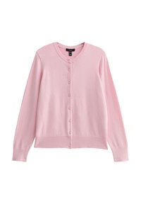 Světle růžový kardigan vyrobený z měkké tkaniny, s kulatým výstřihem, dlouhými rukávy a zapínáním na knoflíky s hladkým povrchem.