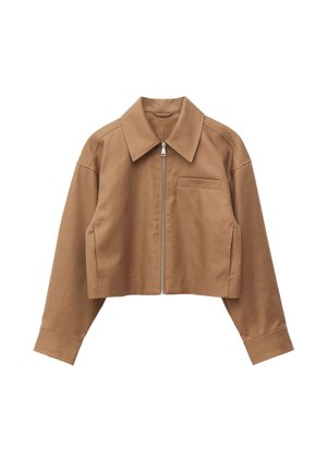 Brown cropped jacket with long sleeves, a pointed collar, front zipper, and a chest pocket on the left side, displayed on a white background.