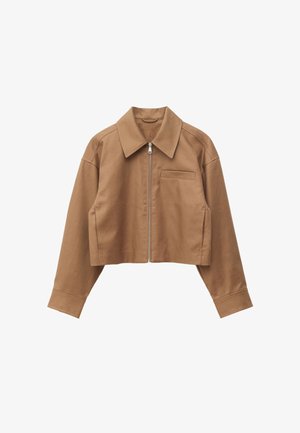 Brown cropped jacket with long sleeves, a pointed collar, front zipper, and a chest pocket on the left side, displayed on a white background.