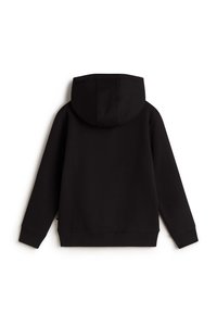 Zwarte hoodie met een ronde capuchon, lange mouwen en elastische manchetten. Gemaakt van zachte stof met een gladde textuur. Geen zichtbare patronen of accenten.