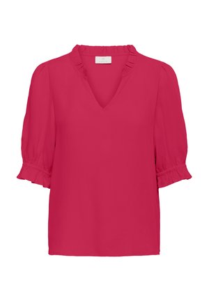 Fuksjowa bluzka z dekoltem w kształcie V, krótkimi puffami z falbankami przy mankietach oraz gładkim, lekkim materiałem.