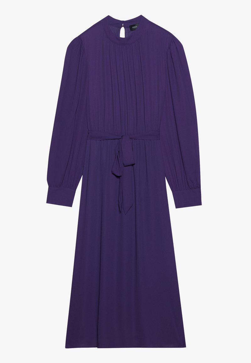 Purple long-sleeve dress with a high neckline, pleated bodice, and a tied waist. Made from smooth fabric; features a keyhole back opening.