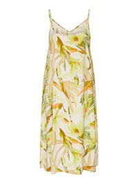 Robe maxi sans manches, fluide, avec fines bretelles, présentant un motif de feuilles tropicales vert clair et beige sur fond blanc.
