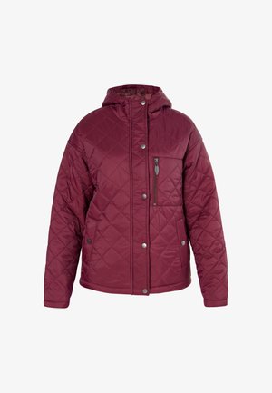 Burgundy quilted jacket with a hood. Features a zippered chest pocket, snap buttons, and a soft lining for insulation.