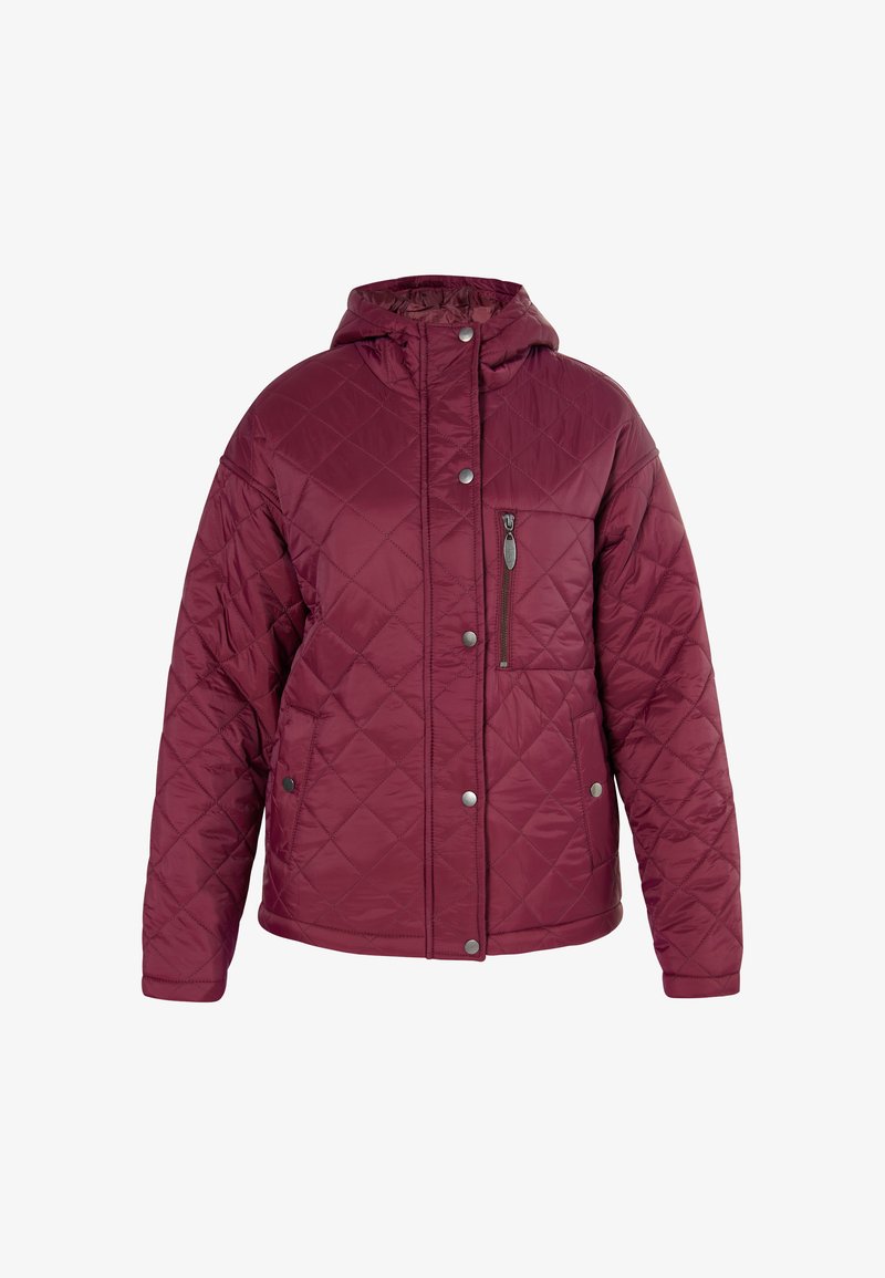 Bordeaux quilted jakke med hætte. Har en lynlåslomme på brystet, trykknapper og en blød foring til isolering.