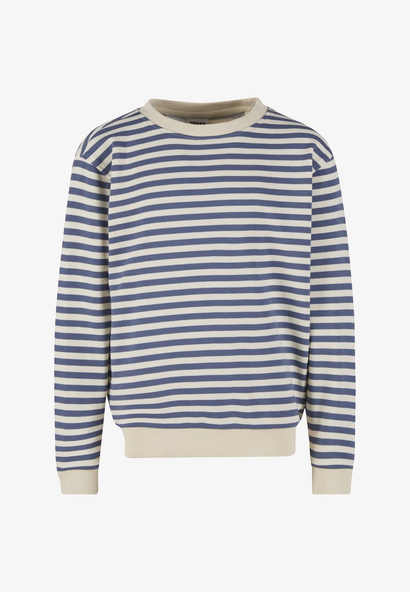 Pull à manches longues à rayures horizontales bleues et blanches avec col, poignets et ourlet côtelés beige.