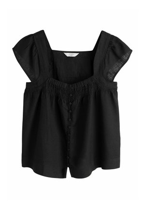 Fekete len rövid ujjú blúz négyzet alakú nyakkivágással, ráncolt részletekkel és az elején kis kerek gombokkal záródik.