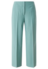 Ljust blå högmidjade byxor med vid passform, försedd med framveck och sidofickor, tillverkade av ett slätt, vävt tyg.