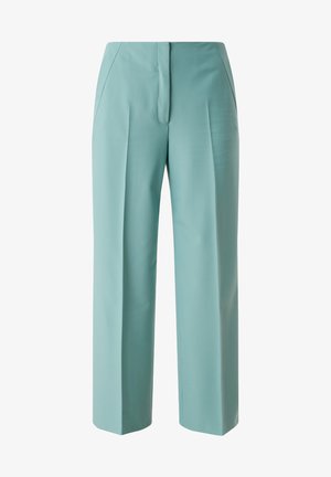 Lichtblauwe high-waisted broek met een wijd uitlopende pasvorm, voorzien van voorplooien en zijzakken, gemaakt van een gladde, geweven stof.