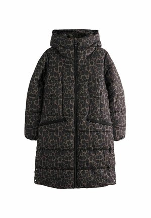 Manteau rembourré en imprimé animal sombre, doté d'une fermeture éclair sur le devant, d'une capuche et de deux poches latérales avec fermetures éclair. Conception matelassée texturée.