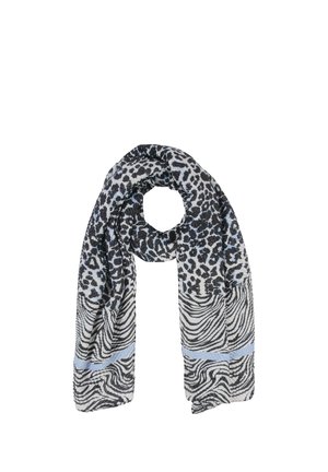 Sciarpa con stampa leopardata bianca e nera che sfuma in strisce zebrate, con linee orizzontali di accento azzurro chiaro vicino alle estremità.