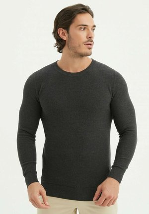 Pull gris foncé en tricot doux avec un col rond, des manches longues et des bords côtelés au niveau des poignets et de l'ourlet. Design simple et ajusté.
