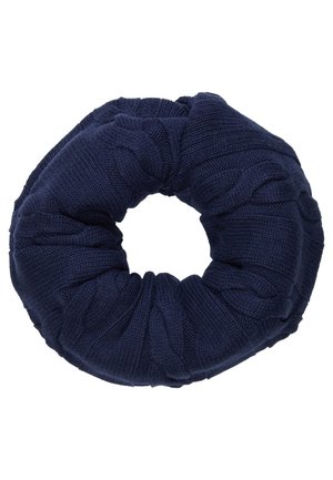Granatowy dzianinowy scrunchie z żebrowanymi i warkoczowymi wzorami, elastyczny, do stylizacji włosów.