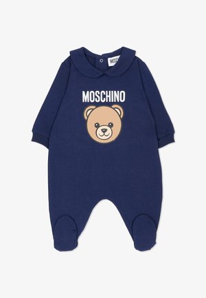 Tutina a maniche lunghe blu scuro con grafica di un orso, logo "MOSCHINO", collo arrotondato e polsini a costine. Caratterizzata da design con piedini e chiusura con bottoni automatici.