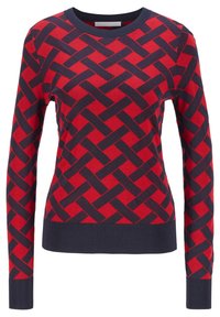 Röd och marinblå mönstrad tröja med ett vävt mönster, rund halsringning och långa ärmar med ribbade muddar och nederkant. Mjuk stickad tyg.