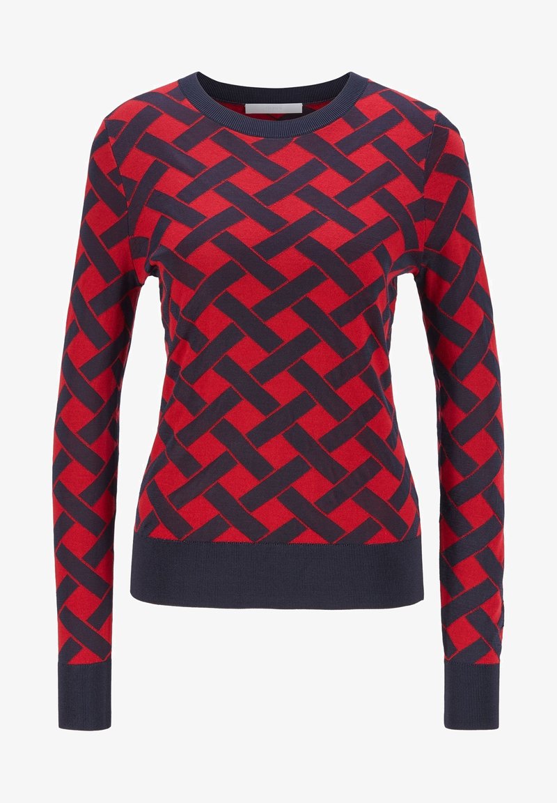 Röd och marinblå mönstrad tröja med ett vävt mönster, rund halsringning och långa ärmar med ribbade muddar och nederkant. Mjuk stickad tyg.