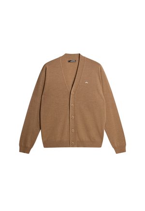 Cardigan marron en maille avec col en V, fermeture à boutons et poignets côtelés. Présente un petit logo blanc sur la poitrine. Texture lisse.