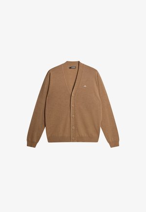 Cardigan marron en maille avec col en V, fermeture à boutons et poignets côtelés. Présente un petit logo blanc sur la poitrine. Texture lisse.