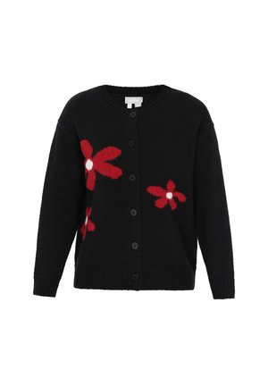 Mustavillainen neule, joka on valmistettu pehmeästä kankaasta ja jossa on punaisia kukkakuoseja. Siinä on pyöreä kaula-aukko, nappisuljenta sekä poimutetut hihansuut ja helma.