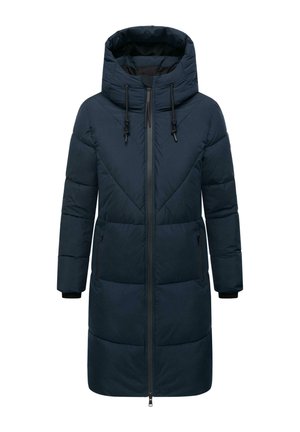 Námornícky prešívaný kabát s vysokým golierom a kapucňou, vybavený zipsom vpredu, dvoma bočnými vreckami a rebrovanými manžetami. Prešívaná textura s ostrými švami.