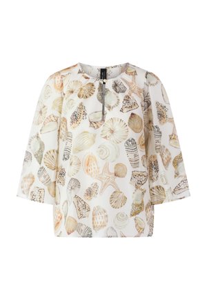 White blouse with 3/4 sleeves featuring a seashell and starfish print in soft beige, brown, and orange tones, with a small front button detail.
