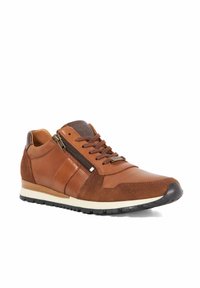 Brown leather sneakers with a suede accent, featuring laces and a side zipper. The sole is white with black tread. Durable and textured materials.
