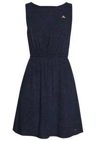 Abito senza maniche di colore navy con un motivo a pois bianchi e rosa, vita sfiancata e piccolo dettaglio di fiore ricamato sul petto. Tessuto leggero.