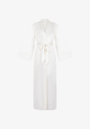 White satin robe with wide, flowing sleeves. Features a matching tie belt at the waist and delicate lace accents along the sleeves.
