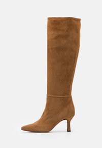 Hohe braune Wildleder-Stiefel für Damen mit spitzem Zehenbereich und dünnem Mittelhoch-Absatz auf plain hellen Hintergrund.