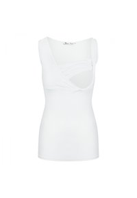 Top bianco senza maniche con scollatura a V profonda, caratterizzato da dettagli arricciati sul petto e design aderente, realizzato in materiale morbido ed elastico.