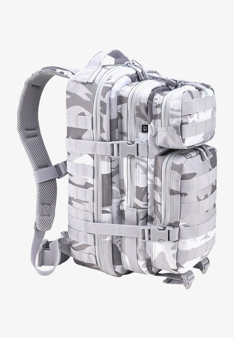 Zaino mimetico grigio con numerosi scomparti con zip, spallacci regolabili e uno schienale in rete testurizzata. Inclusi fibbie e cinghie rinforzate.