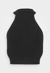Černý žebrovaný halter top s vysokým límcem, texturovanou pleteninou a zkosenými bočními výřezy. Rovný lem na spodní straně.