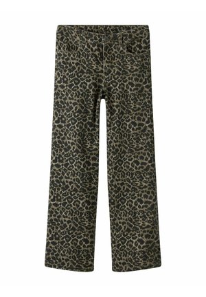 Pantalons imprimés léopard en vert olive foncé et noir, avec une coupe droite, cinq poches et une taille classique avec un bouton en métal.