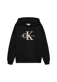 Felpa nera con cappuccio realizzata in un mix di cotone, caratterizzata da un grande logo beige "CK" e dal testo "Calvin Klein Jeans". Polsini e orlo a coste.