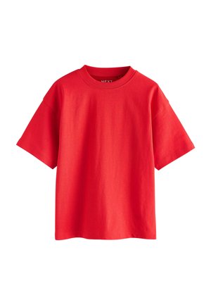 Red short-sleeve t-shirt made of cotton, featuring a crew neckline and a relaxed fit. Smooth texture with no visible patterns or accents.