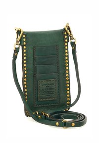 Borsa a tracolla in pelle verde scuro con borchie dorate lungo i bordi, slot per carte sul retro e tracolla rimovibile.