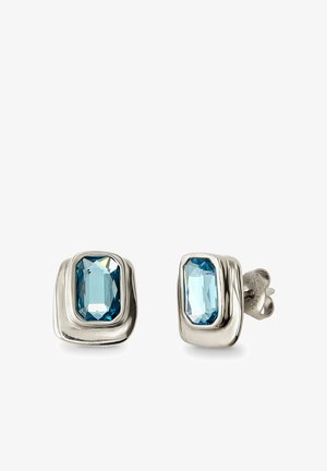 Pendientes de botón en tono plateado con piedras preciosas azules rectangulares facetadas y diseño de bisel liso y contorneado.
