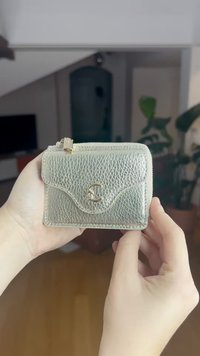 Metālisks sudraba kartes turētājs ar teksturētu virsmu, zelta logotipa akcentu, noapaļotām malām un rāvējslēdzēja aizdari. Kompakts dizains.